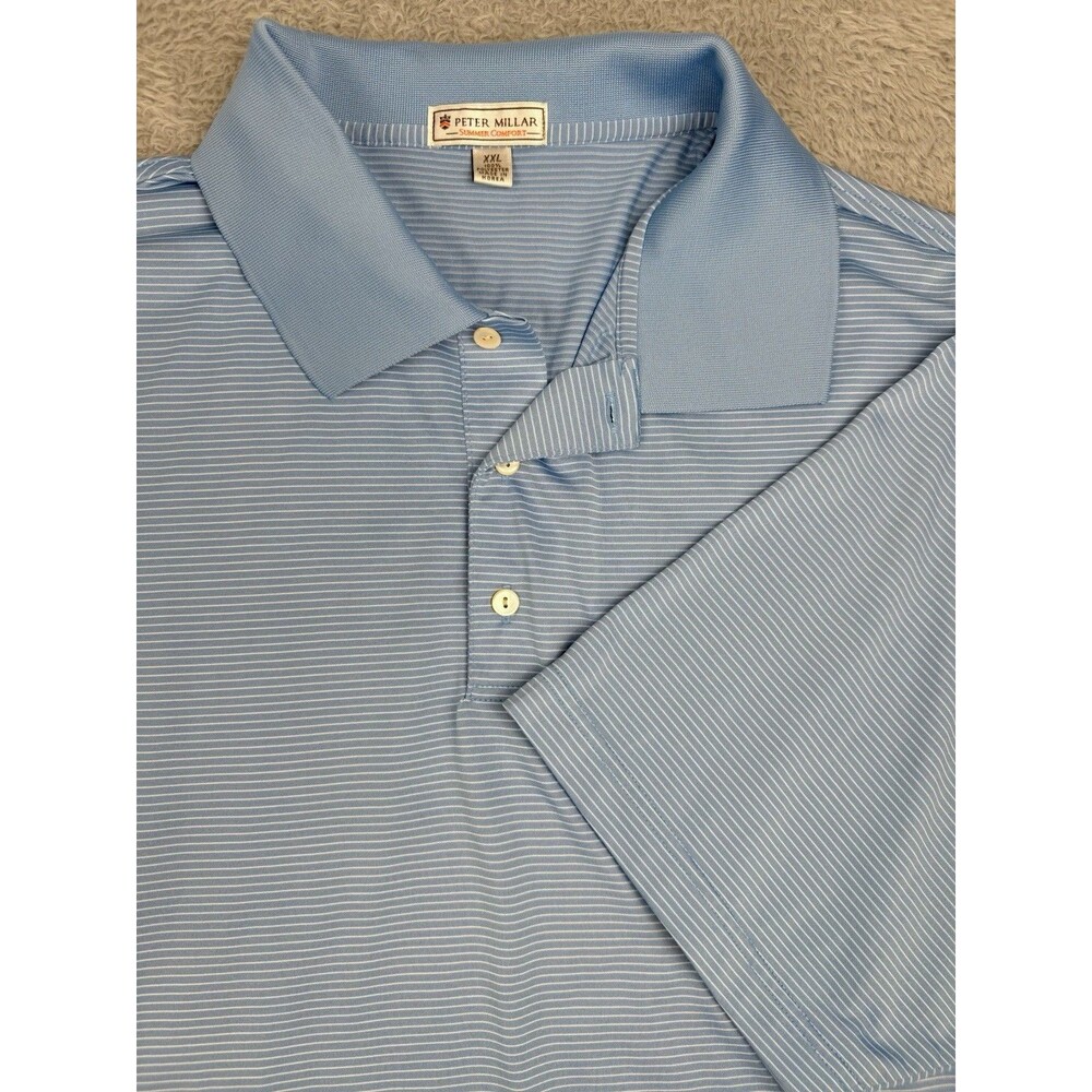Peter Millar Summer Comfort Polo Shirt Men 2XL Blue White Striped 100% Polyester